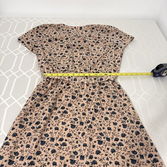 LOFT Maxi Women's Size LG Tan Blue Floral V Neck Spring With tie Belt & pockets - Picture 10 of 16